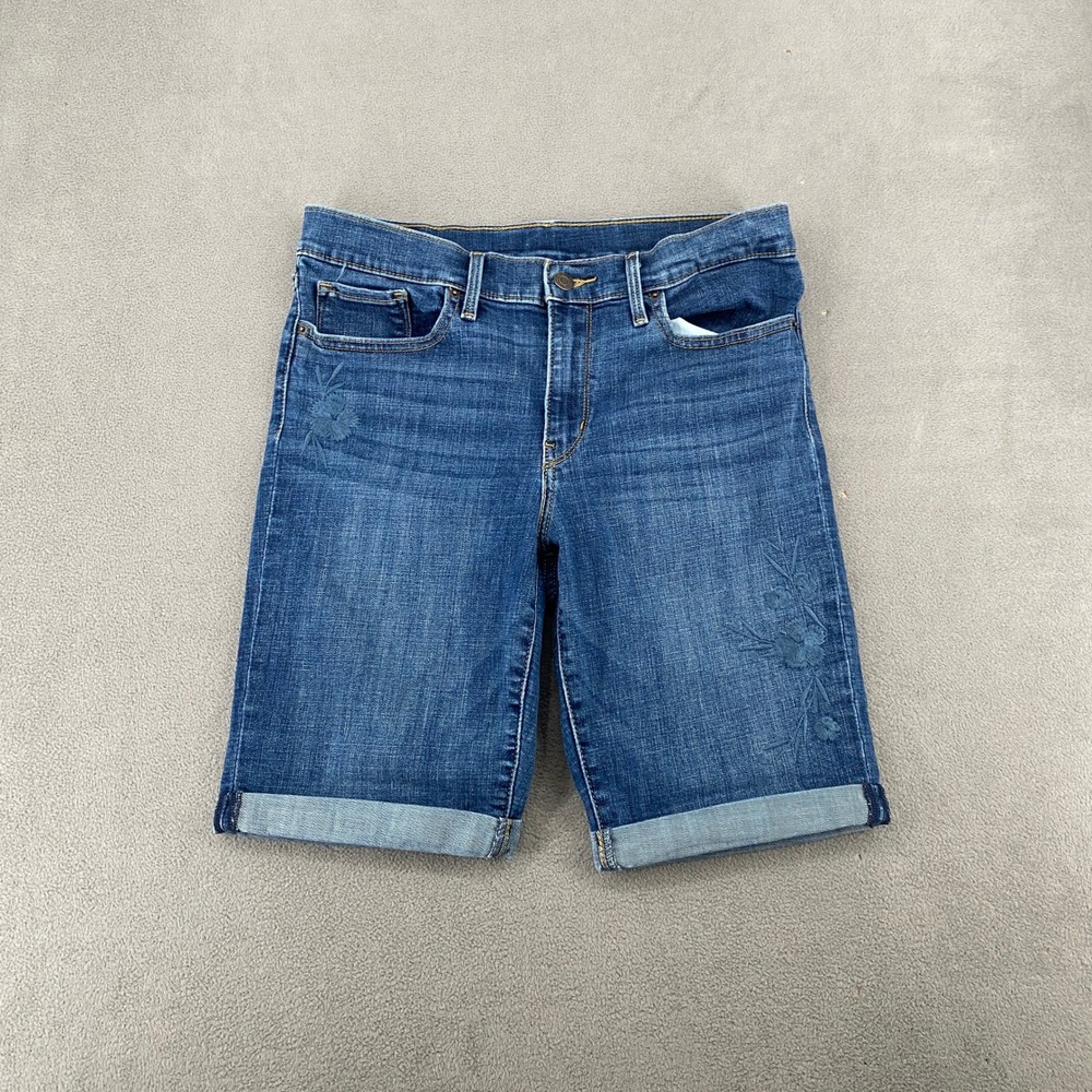 Levis Embroidered Denim Bermuda Shorts Medium Wash Cuffed Blue Size 30